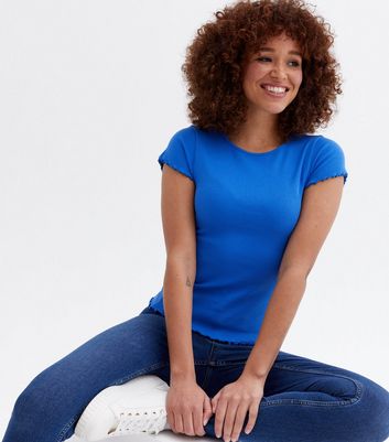 Damen Bekleidung Bright Blue Frill Short Sleeve T-Shirt