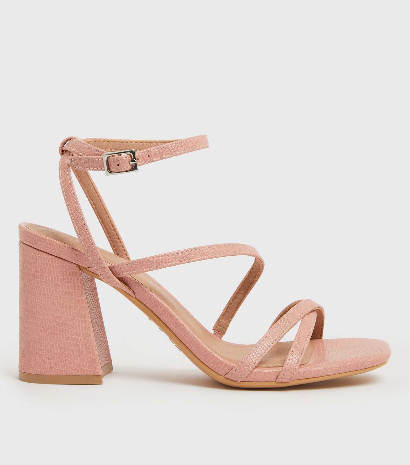 Pink Faux Croc Strappy Block Heel Sandals