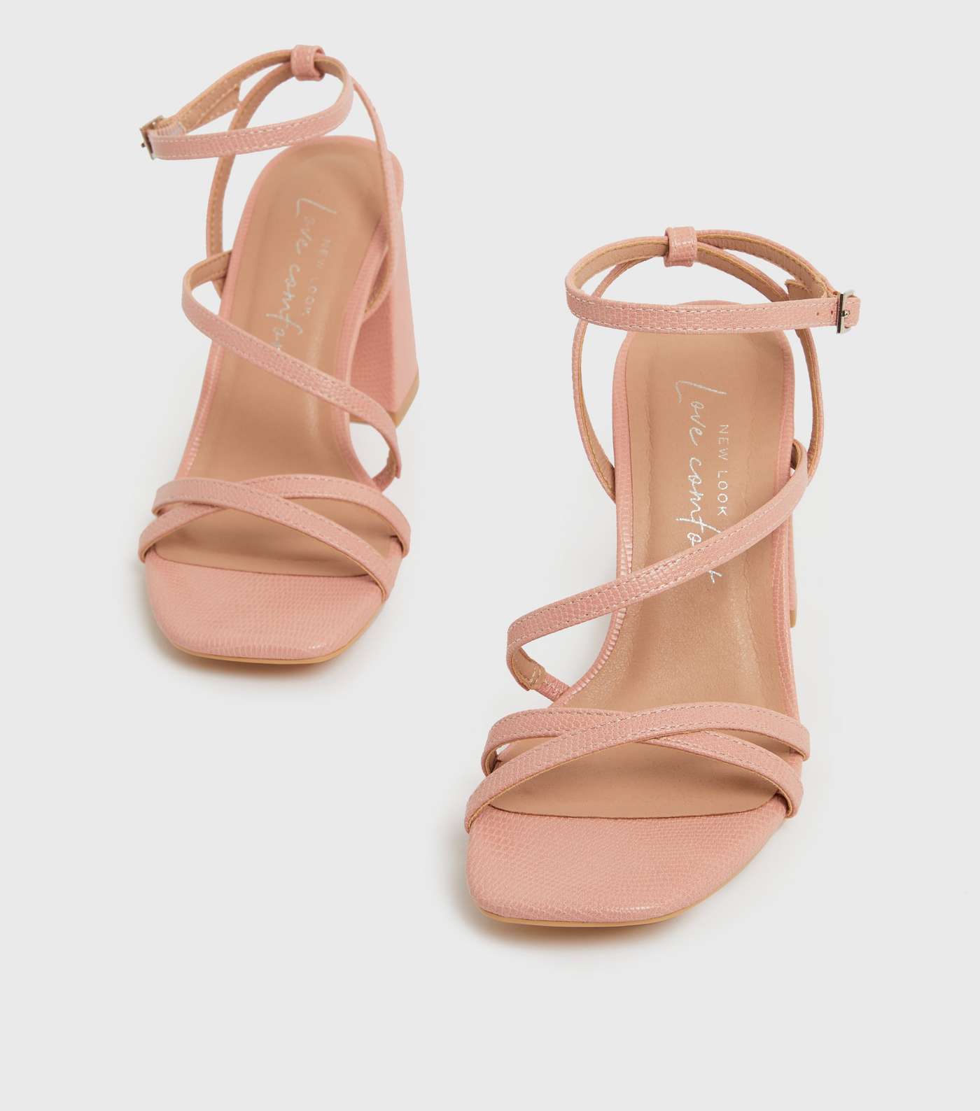 Pink Faux Croc Strappy Block Heel Sandals Image 3