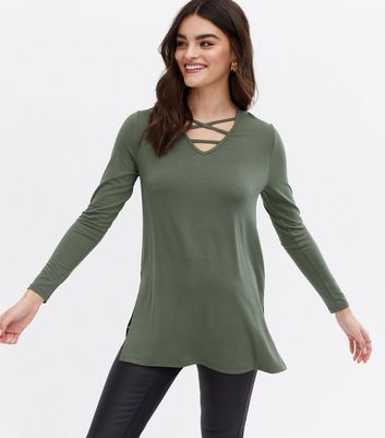 Click to view product details and reviews for Khaki Jersey Lattice Long Top New Look.