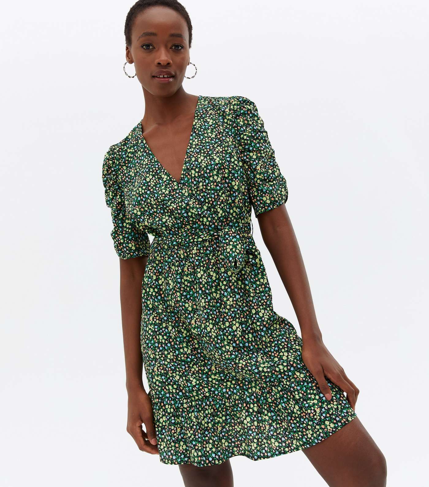 Tall Black Ditsy Floral Ruched Sleeve Mini Wrap Dress