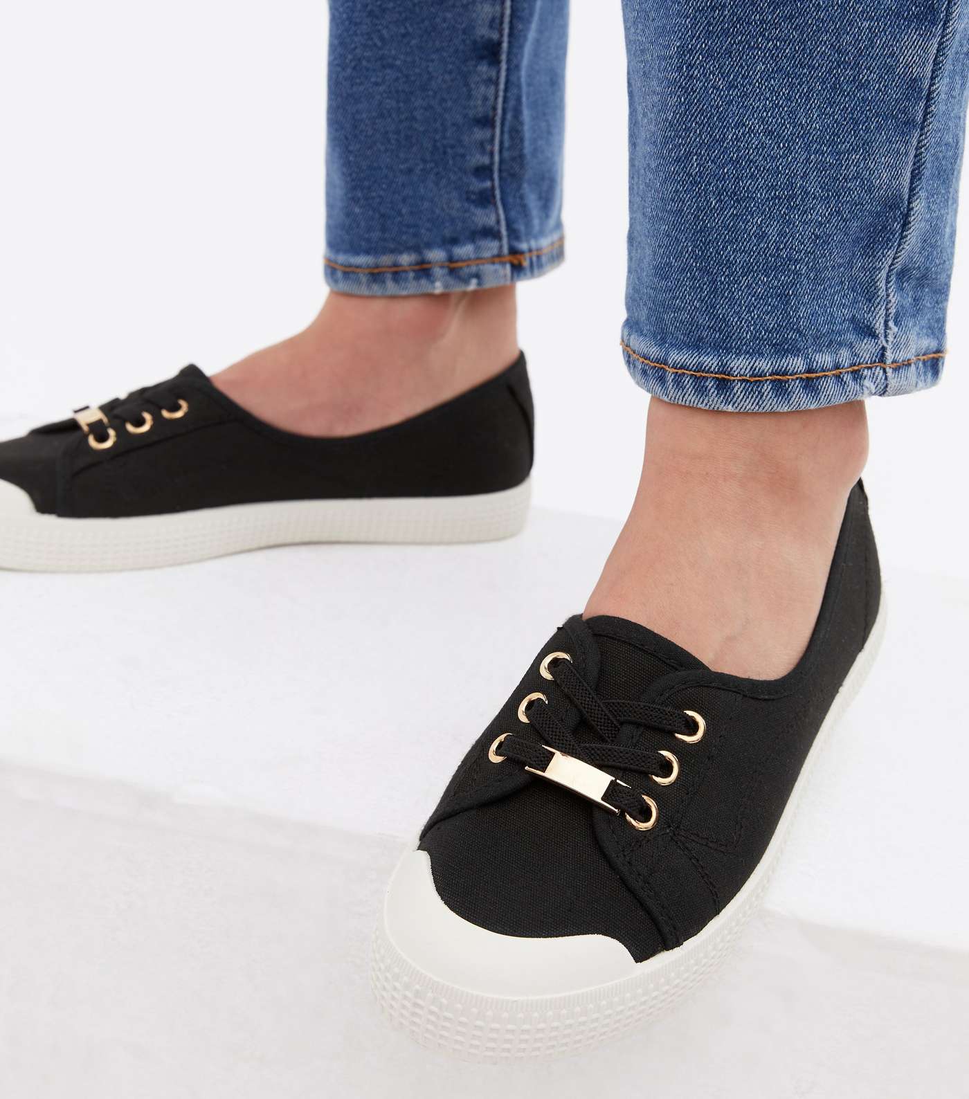 Black Canvas Round Toe Lace Up Trainers Image 2