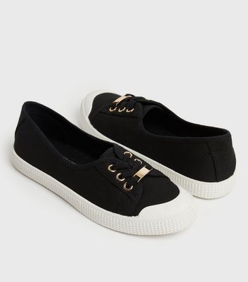 Click to view product details and reviews for Black Canvas Round Toe Lace Up Trainers New Look Vegan.