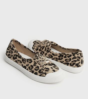 Stone Leopard Print Canvas Round Toe Lace Up Trainers New Look Vegan