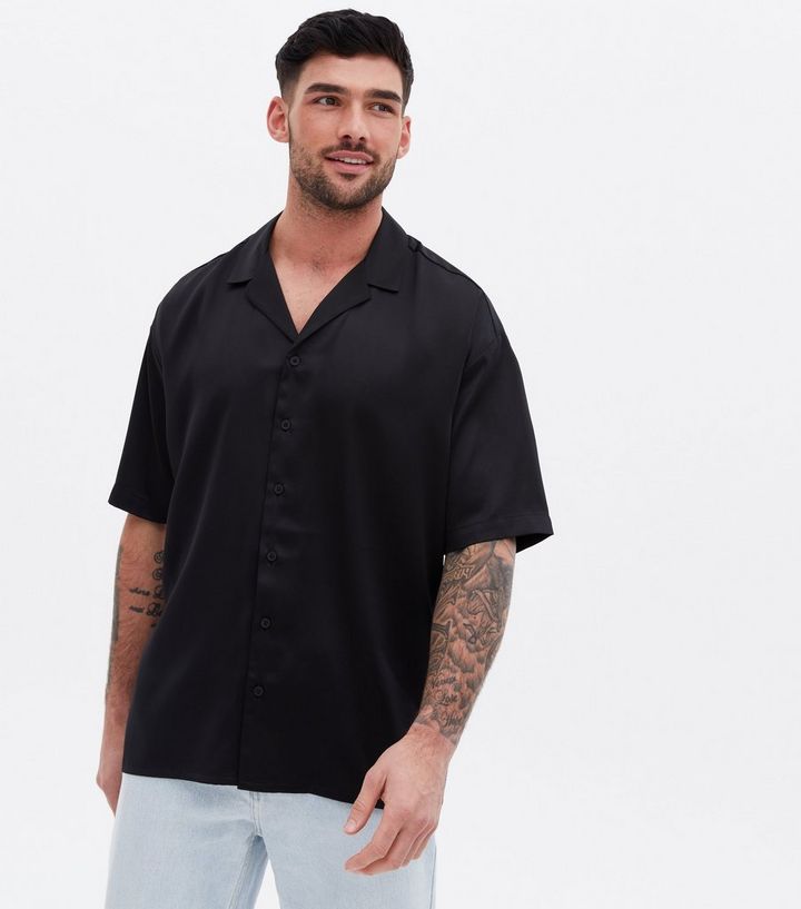 Short Sleeve Revere Oversized Boxy Satin Shirt