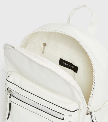 White Leather-Look Zip Pocket Backpack | New Look