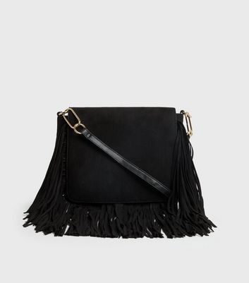 Black suede fringe crossbody bag sale