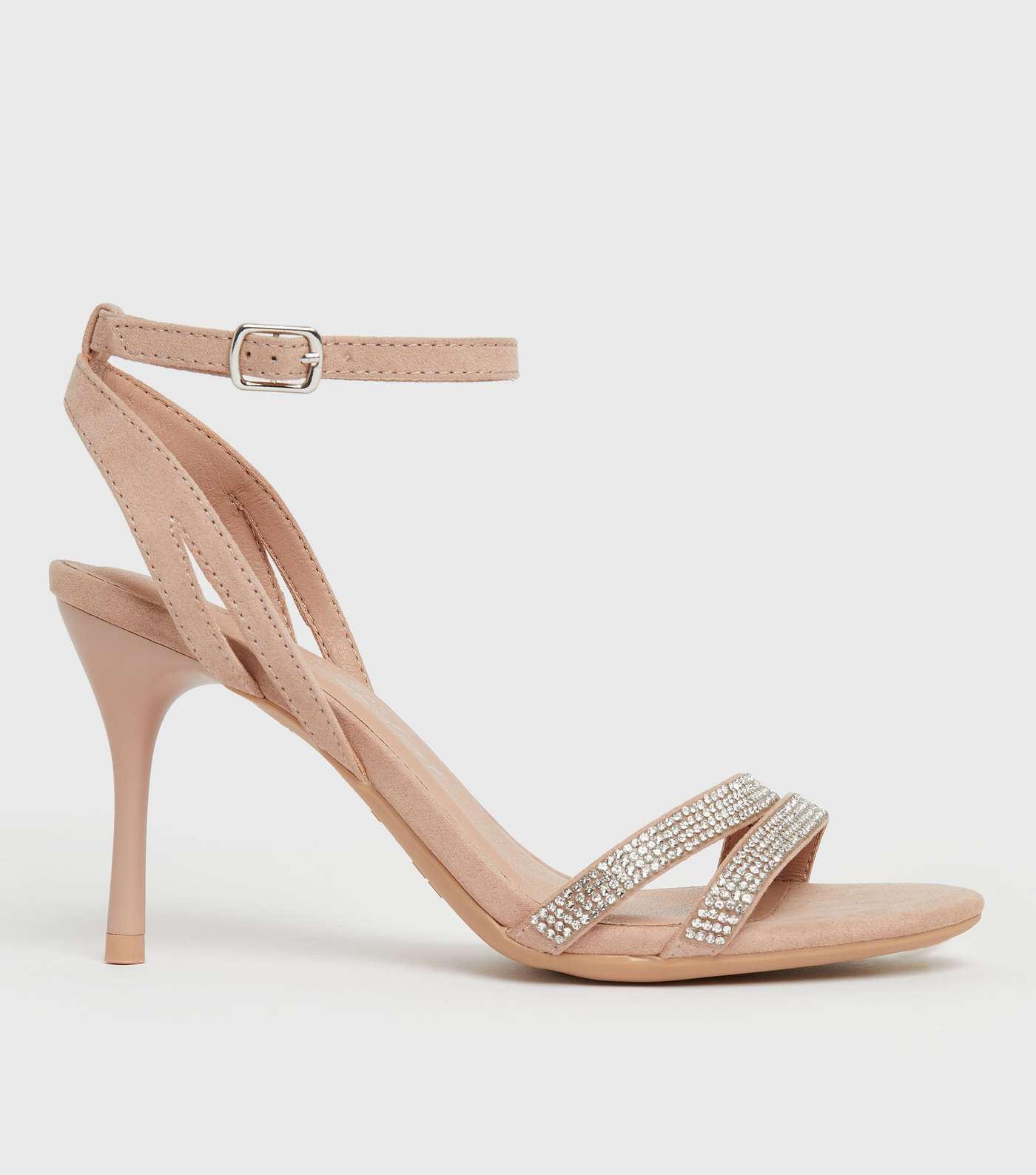 Pale Pink Suedette Diamanté Strap Stiletto Heel Sandals
