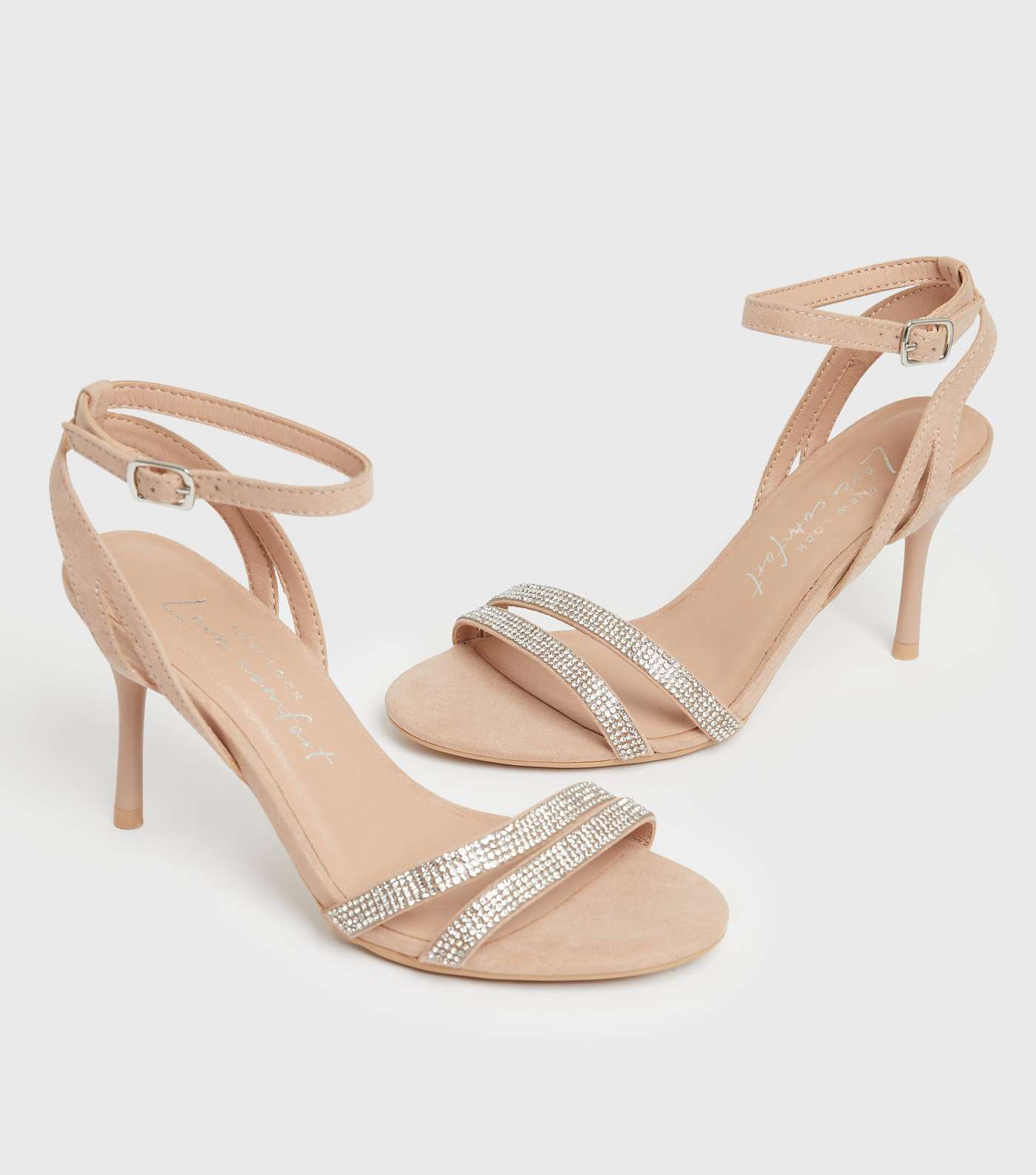 Pale Pink Suedette Diamanté Strap Stiletto Heel Sandals Image 3