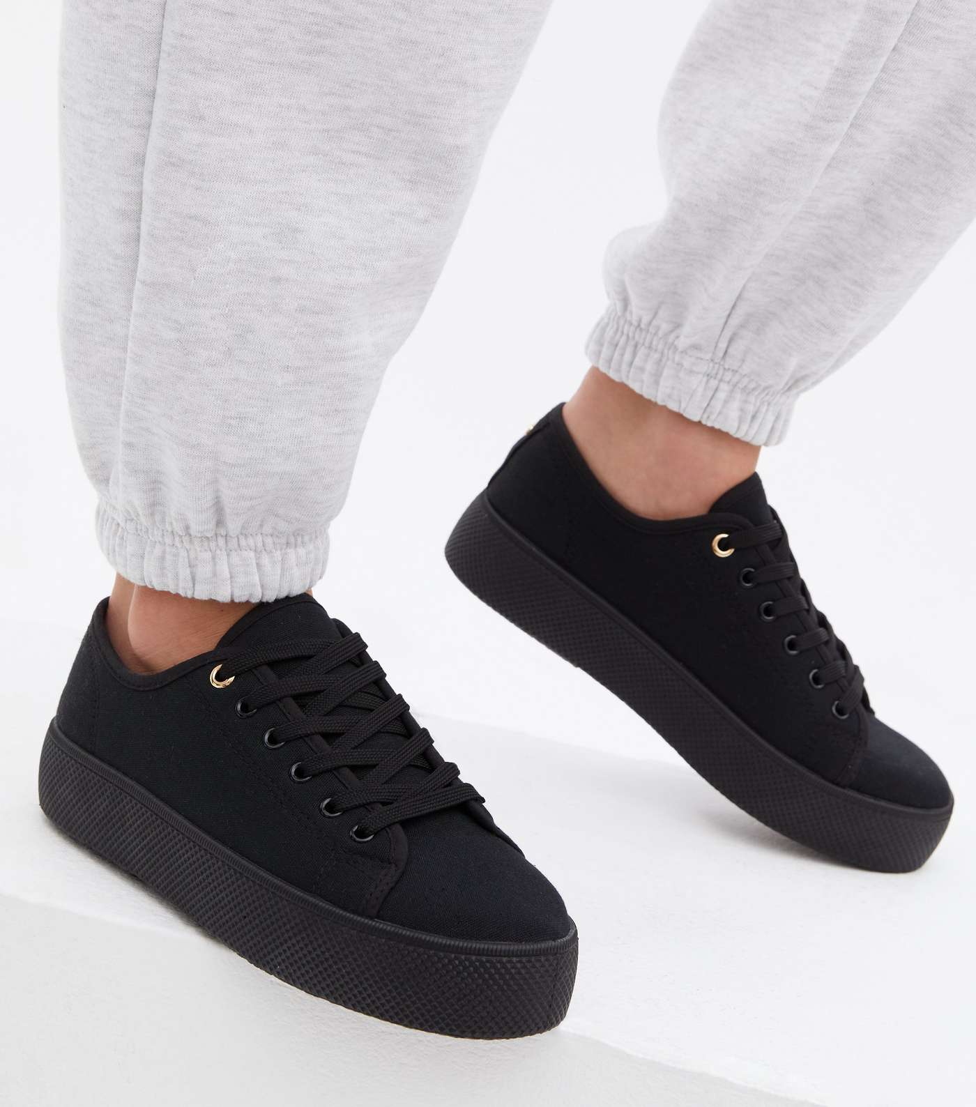 Black Canvas Chunky Lace Up Trainers Image 2