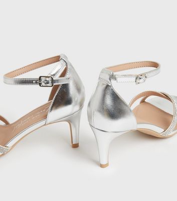 shop for Wide Fit Silver Diamanté Mid Heel Sandals New Look Vegan at Shopo