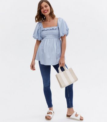 Maternity Pale Blue Shirred Linen Look Frill Peplum Blouse New Look