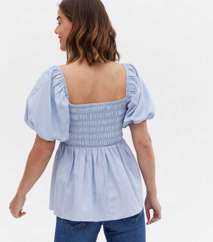 Pale Blue Shirred Frill Peplum Blouse