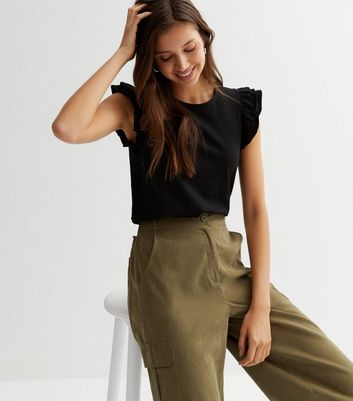 Black Frill Sleeve T-Shirt | New Look