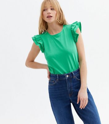 Green ruffle sleeve store top