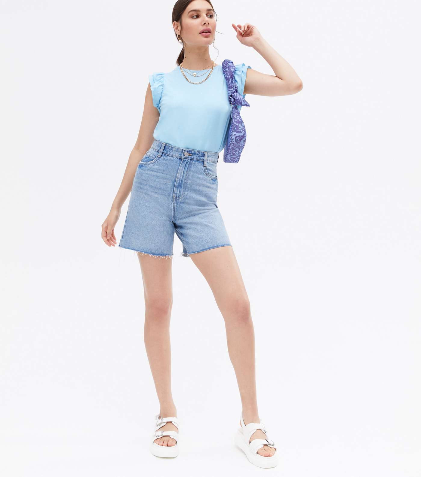 Pale Blue Frill Sleeve T-Shirt Image 2
