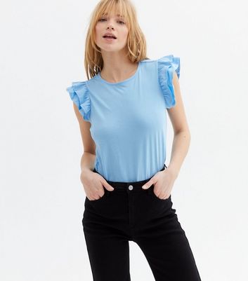 Pale Blue Frill Sleeve T-Shirt | New Look