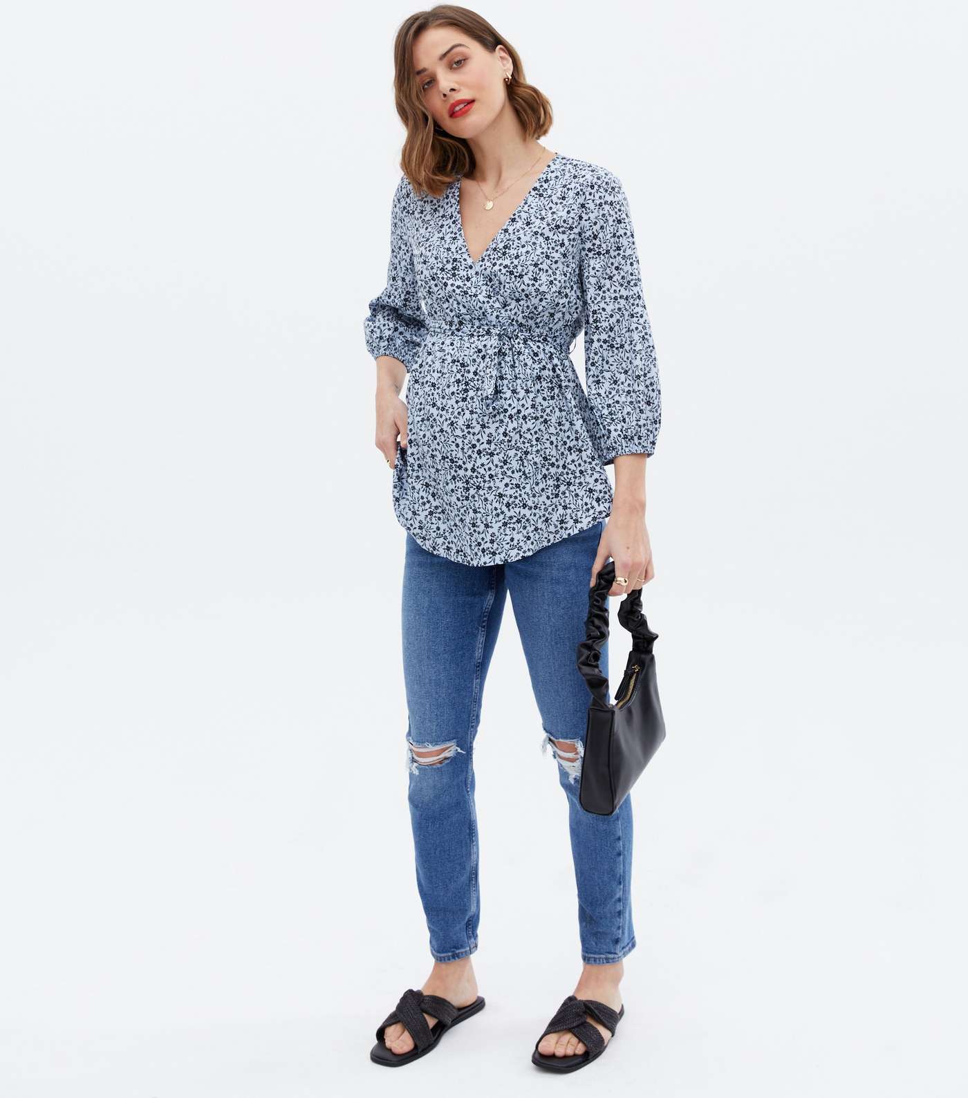 Maternity Blue Ditsy Floral Crepe Wrap Blouse Image 2