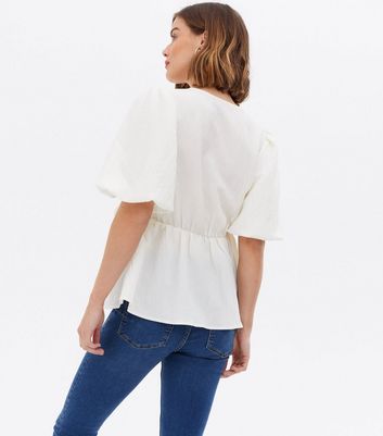 Maternity White Texture Puff Sleeve Wrap Top New Look