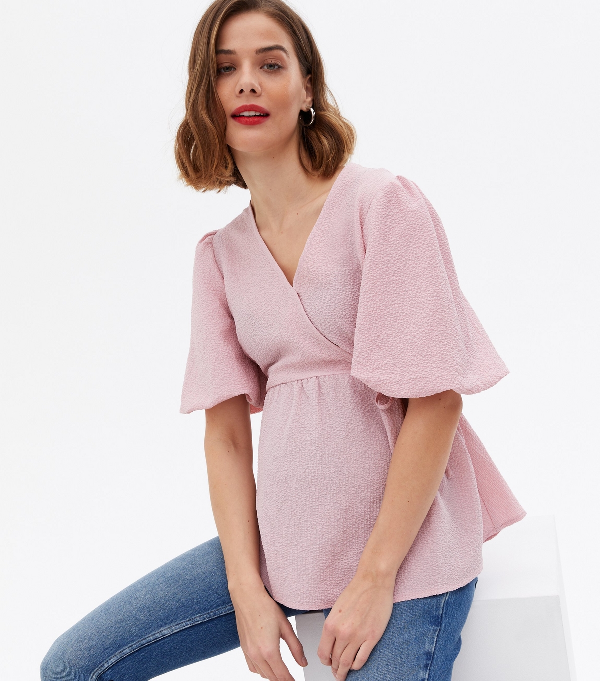 Women's Maternity Pink Texture Puff Sleeve Wrap Top New Look