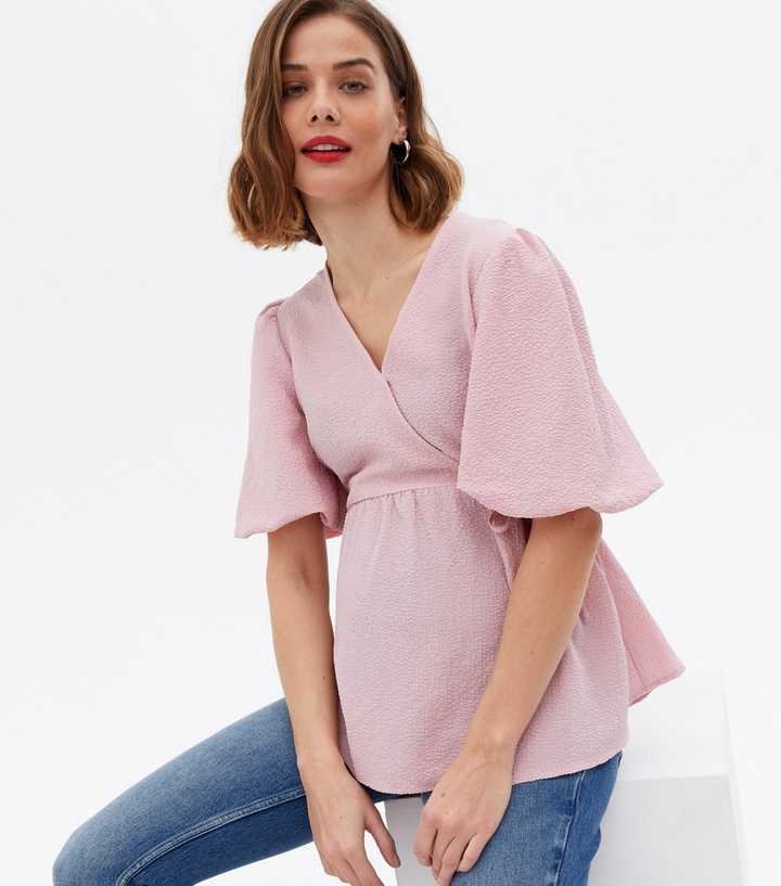 Maternity Pink Texture Puff Sleeve Wrap Top