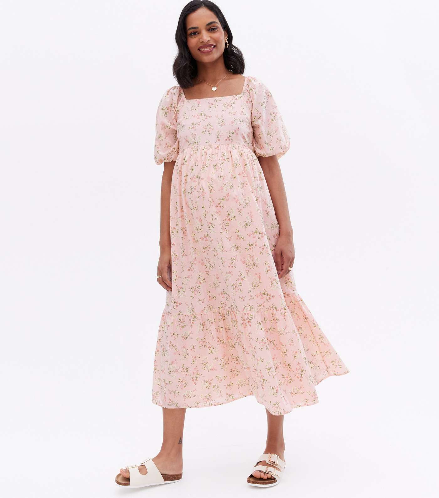 Maternity Pink Ditsy Floral Square Neck Midi Dress Image 3