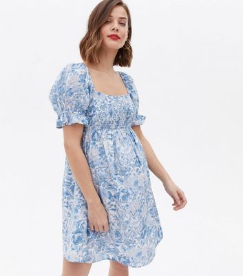 Maternity Blue Floral Shirred Square Neck Mini Dress New Look