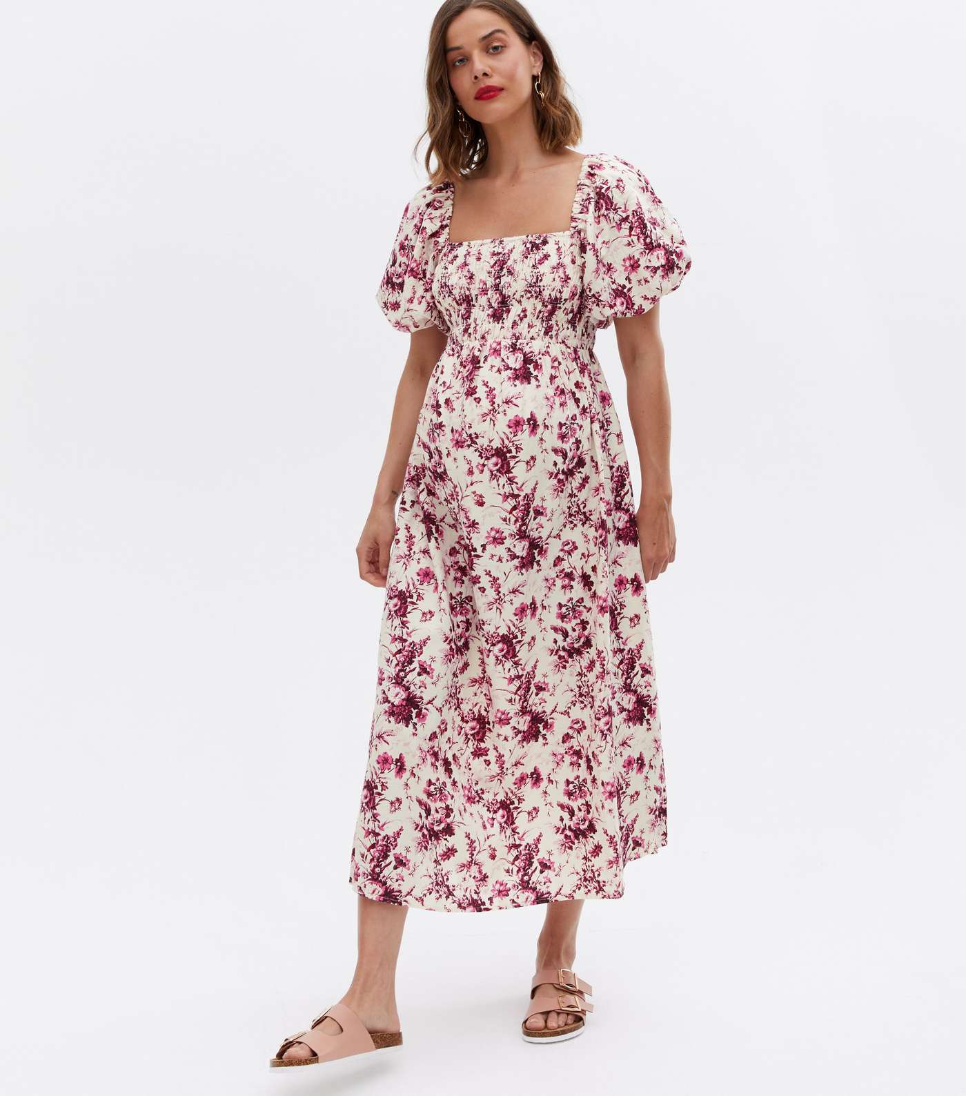 Maternity Pink Linen-Look Floral Shirred Puff Sleeve Midi Dress