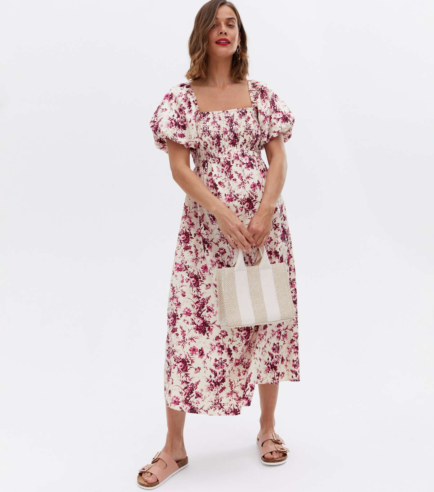 Maternity Pink Linen-Look Floral Shirred Puff Sleeve Midi Dress Image 3