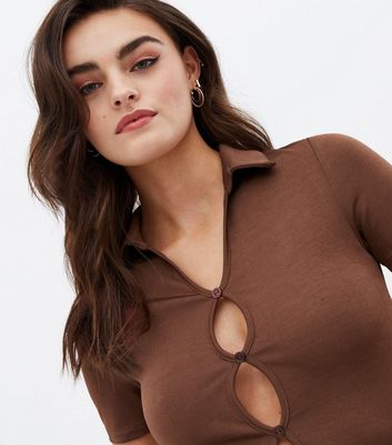 Rust Collared Cut Out Button Front Short Sleeve Top | New Look