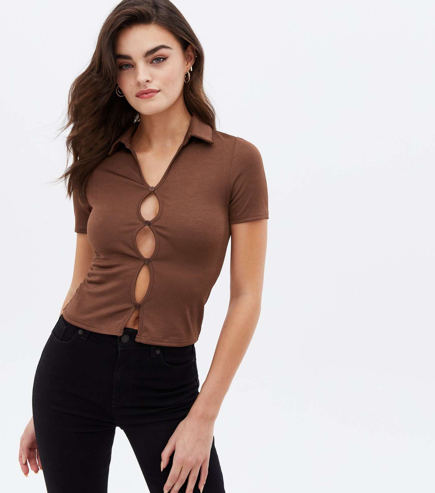 Rust Collared Cut Out Button Front Short Sleeve Top Image 2