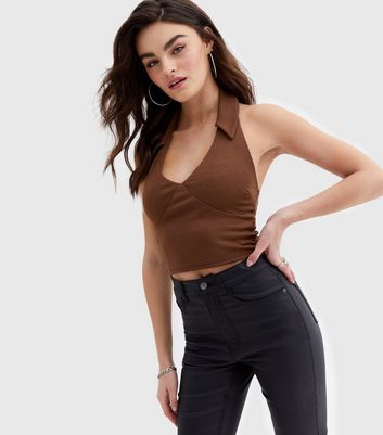 Rust Collared Halter Neck Crop Top 