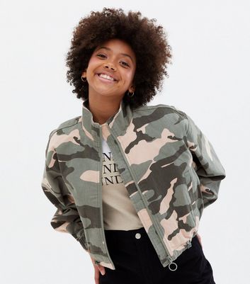 Girls Green Camo Funnel Neck Jacket New Look