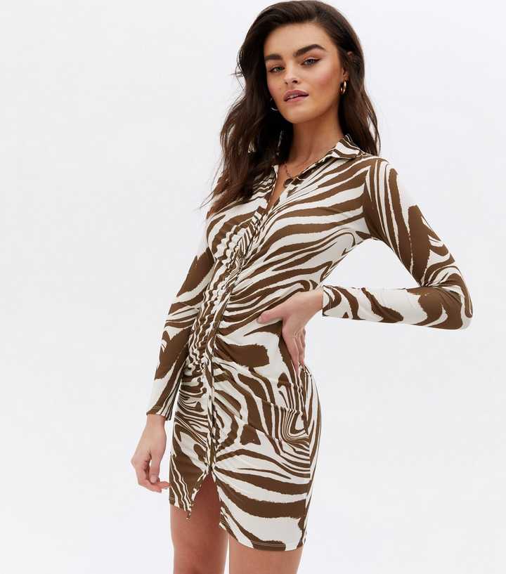 Brown Marble Ruched Mini Shirt Dress | New Look
