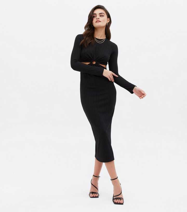 Black Ribbed Ring Cut Out Midi Bodycon Dress