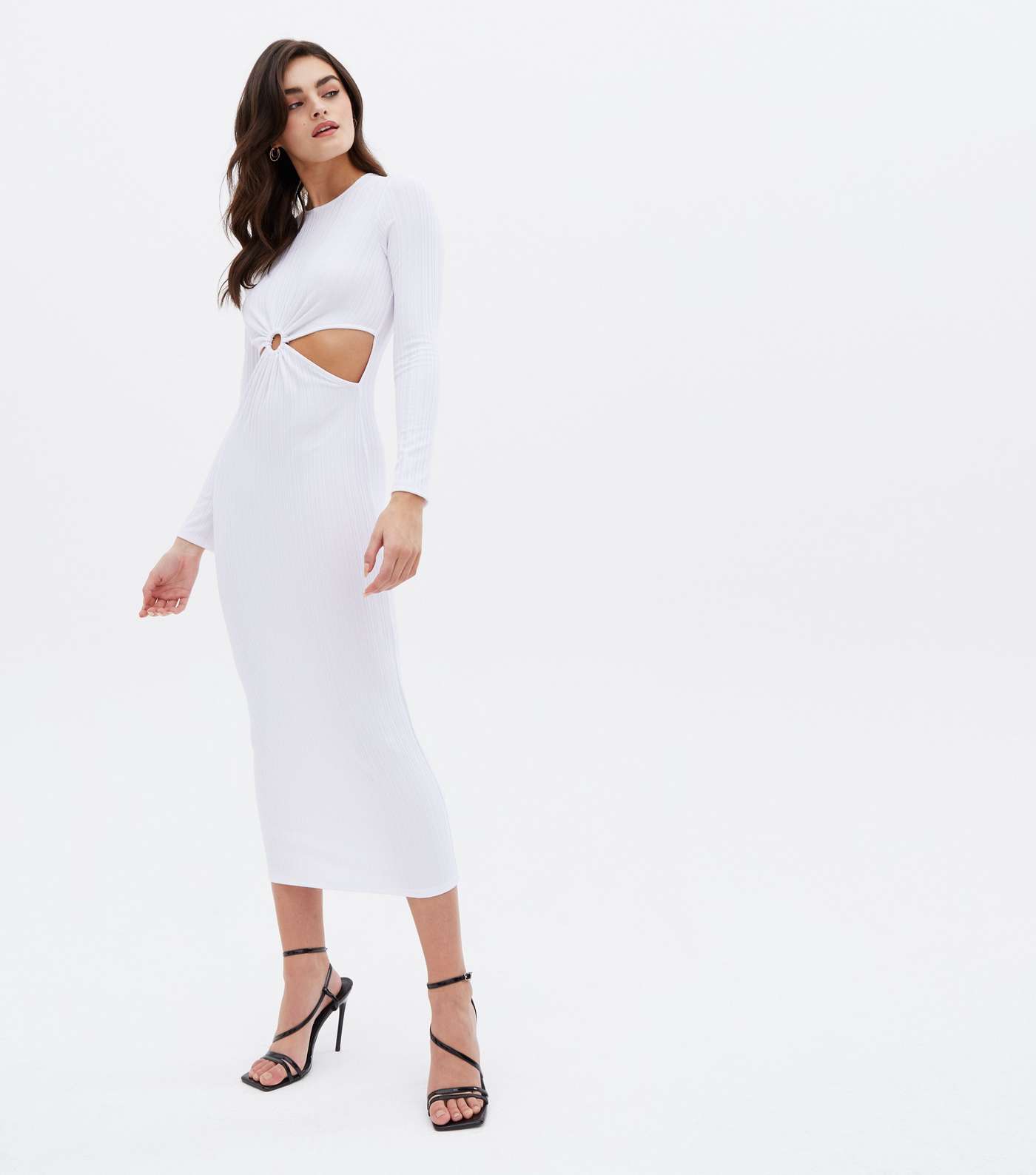White Ribbed Ring Cut Out Midi Bodycon Dress