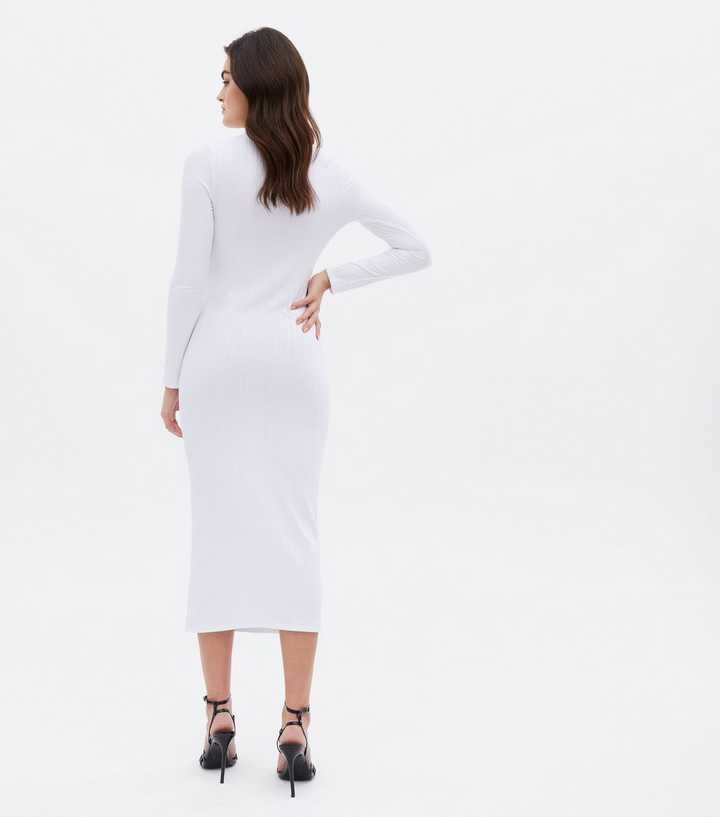 Divide and Contour White Ribbed Cutout Bodycon Midi Dress