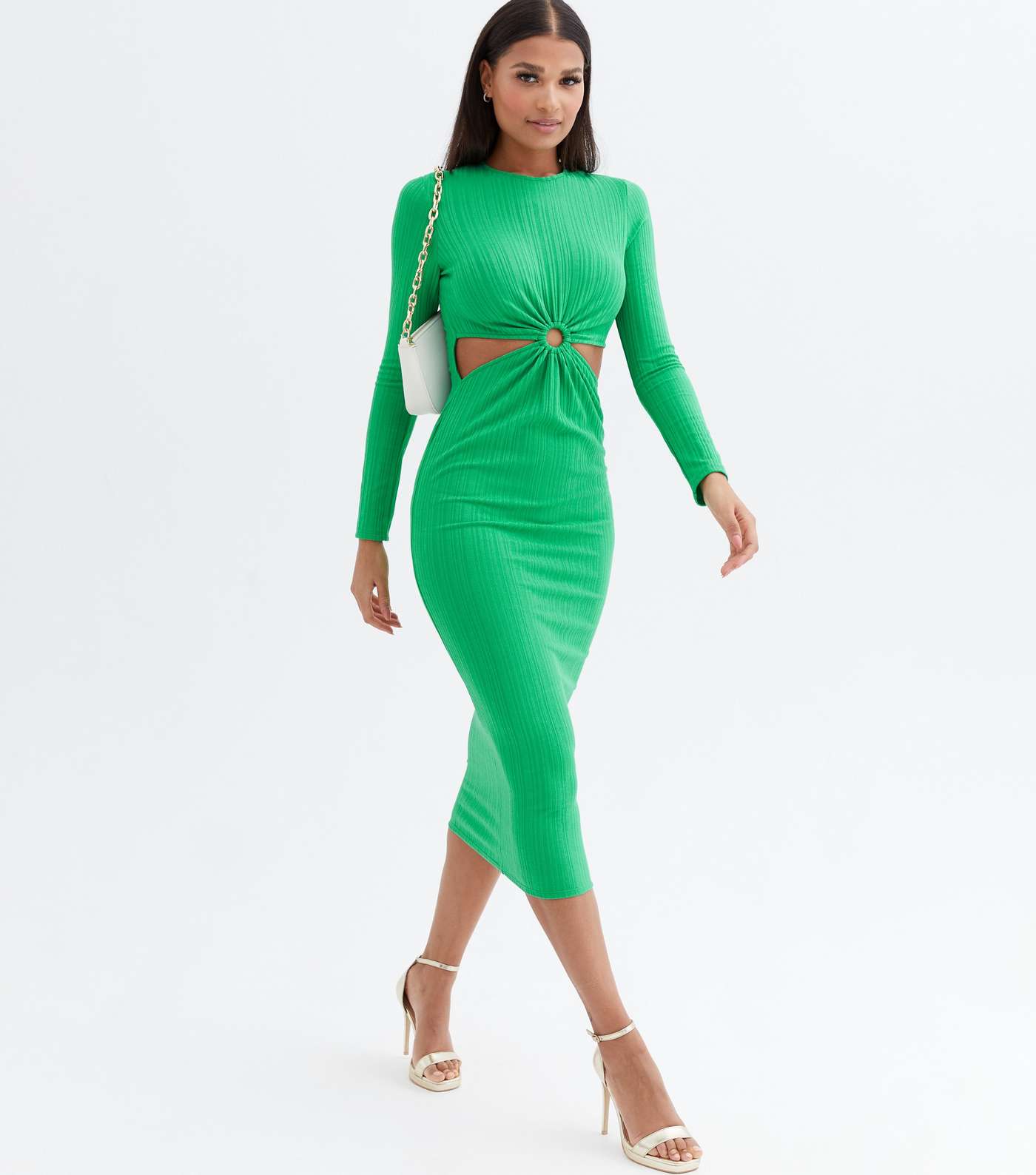 Green Ribbed Ring Cut Out Midi Bodycon Dress Image 2
