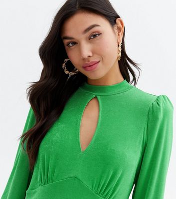 Green Ruched Keyhole High Neck Top | New Look