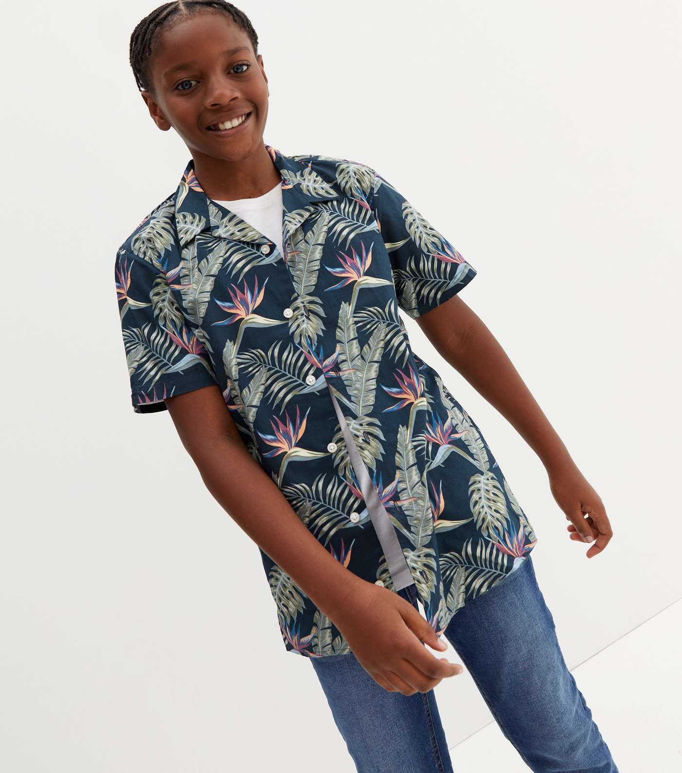 Jack & Jones Junior Teal Tropical Short Sleeve Shirt Image 2