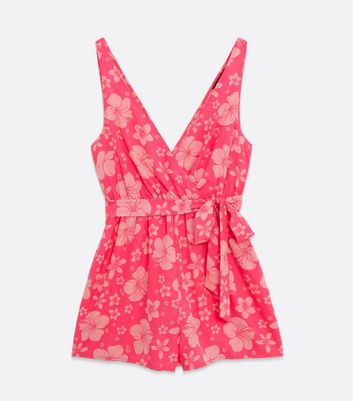 Click to view product details and reviews for Pink Tropical Floral Crepe Wrap Beach Playsuit New Look.