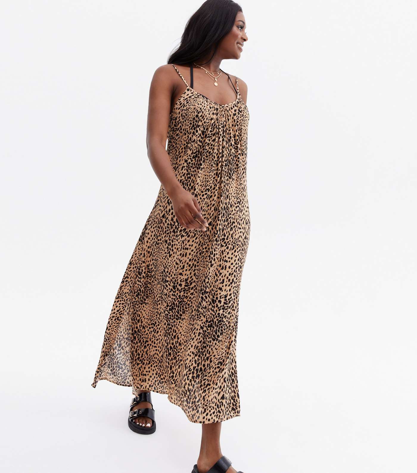 Brown Leopard Print Crinkle Midi Beach Dress Image 2