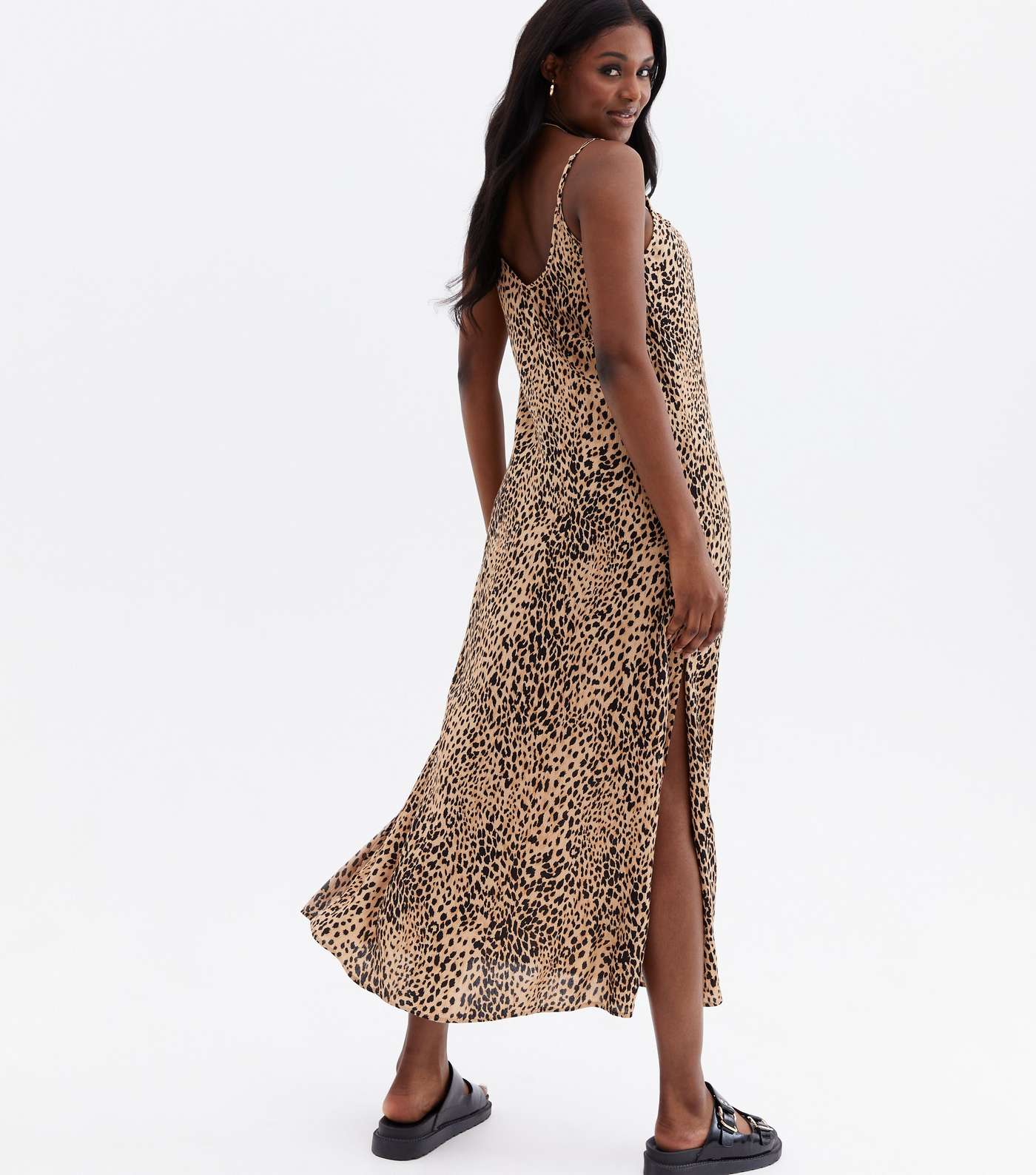 Brown Leopard Print Crinkle Midi Beach Dress Image 4