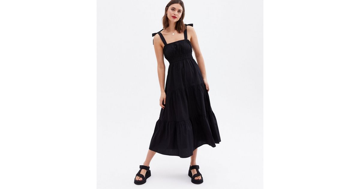 Black Tie Strap Square Neck Midi Dress | New Look