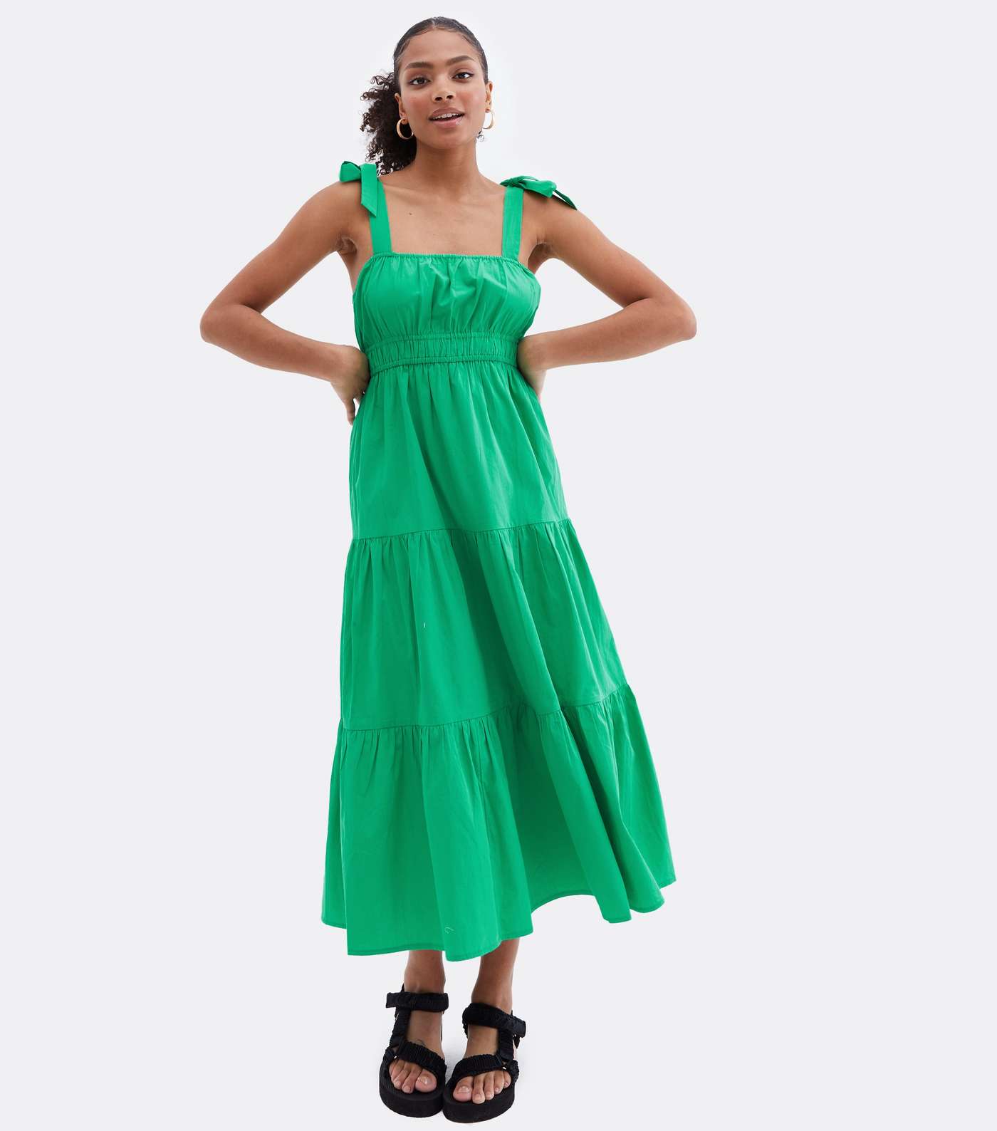 Green Tie Strap Square Neck Midi Dress Image 2