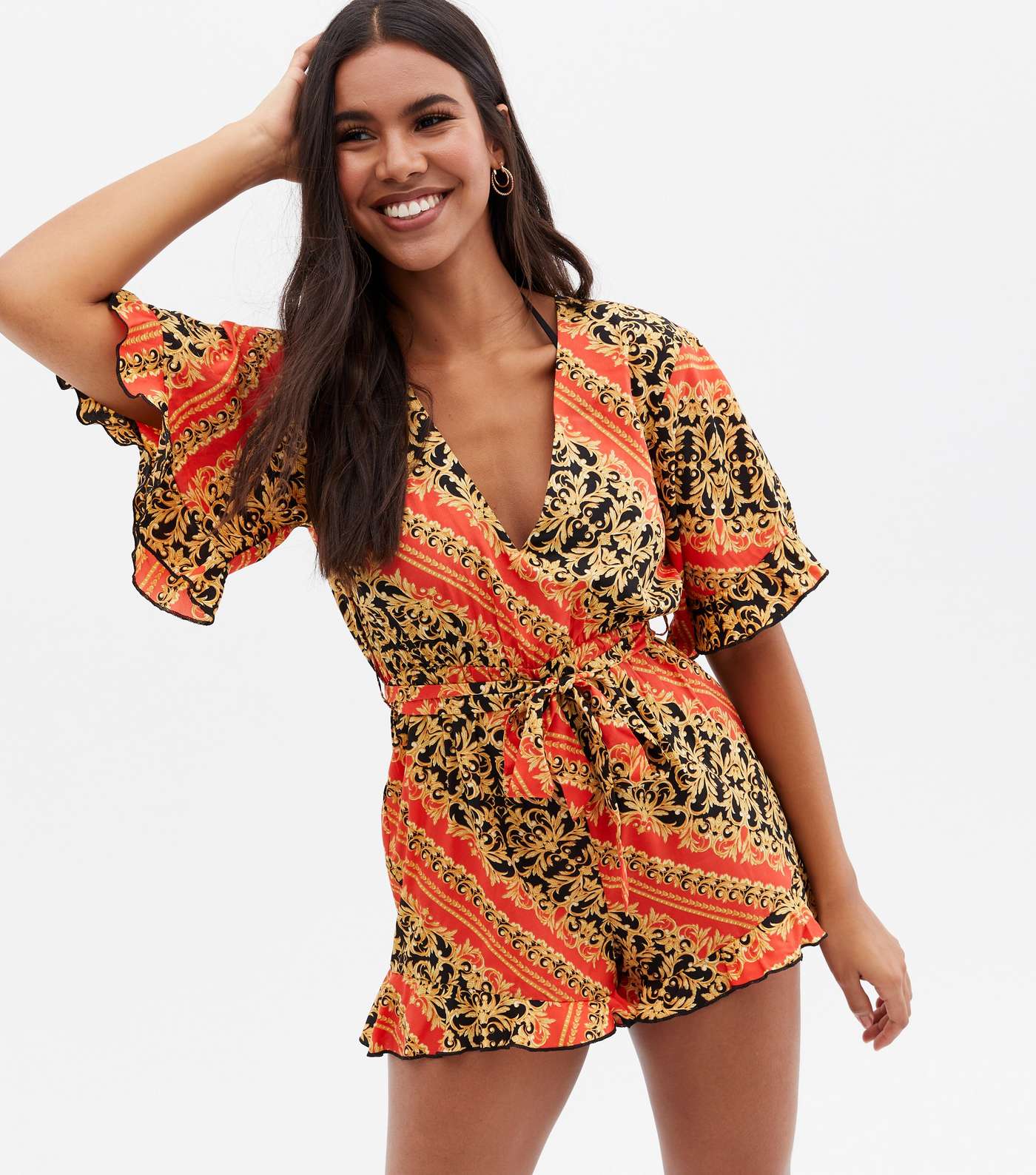 Red Chain Crepe Frill Beach Playsuit
