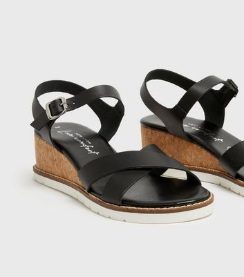 Black Leather Cross Strap Cork Wedge 