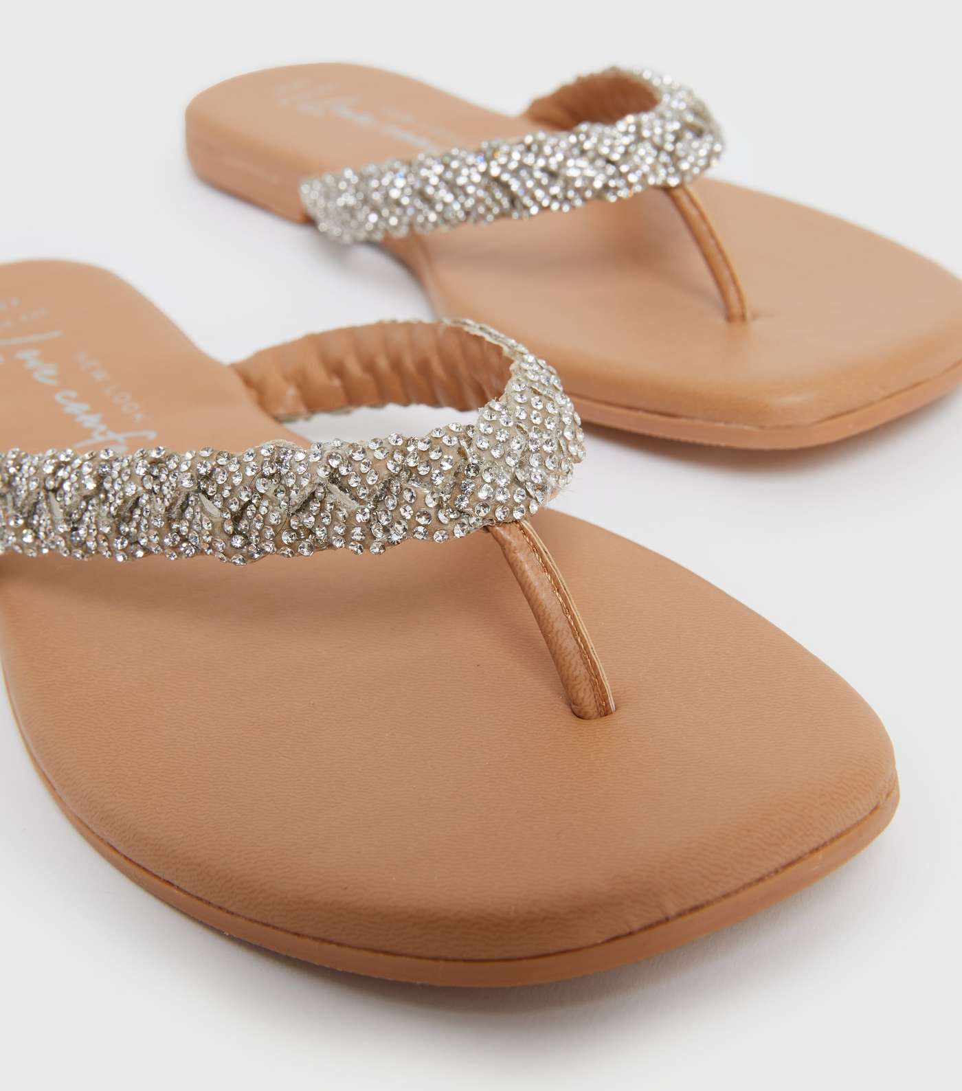 Wide Fit Tan Leather Diamanté Strap Toe Post Sandals Image 4
