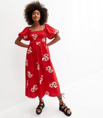 Red Floral Shirred Puff Sleeve Midi 