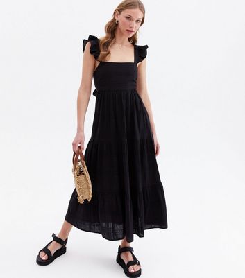 Black Frill Square Neck Tiered Midi Dress New Look